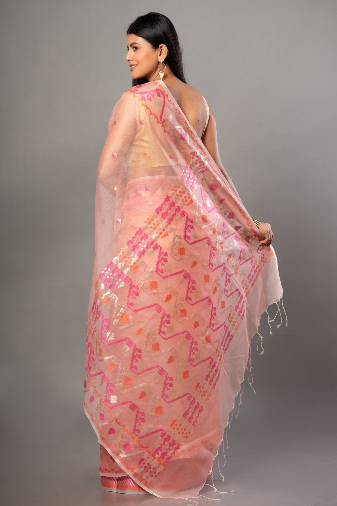 Peach Handloom Organza Silk Jamdani Saree - Anvi Couture-Side