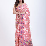 Peach Jamdani Saree With White and Multicolor Floral Motifs Full
