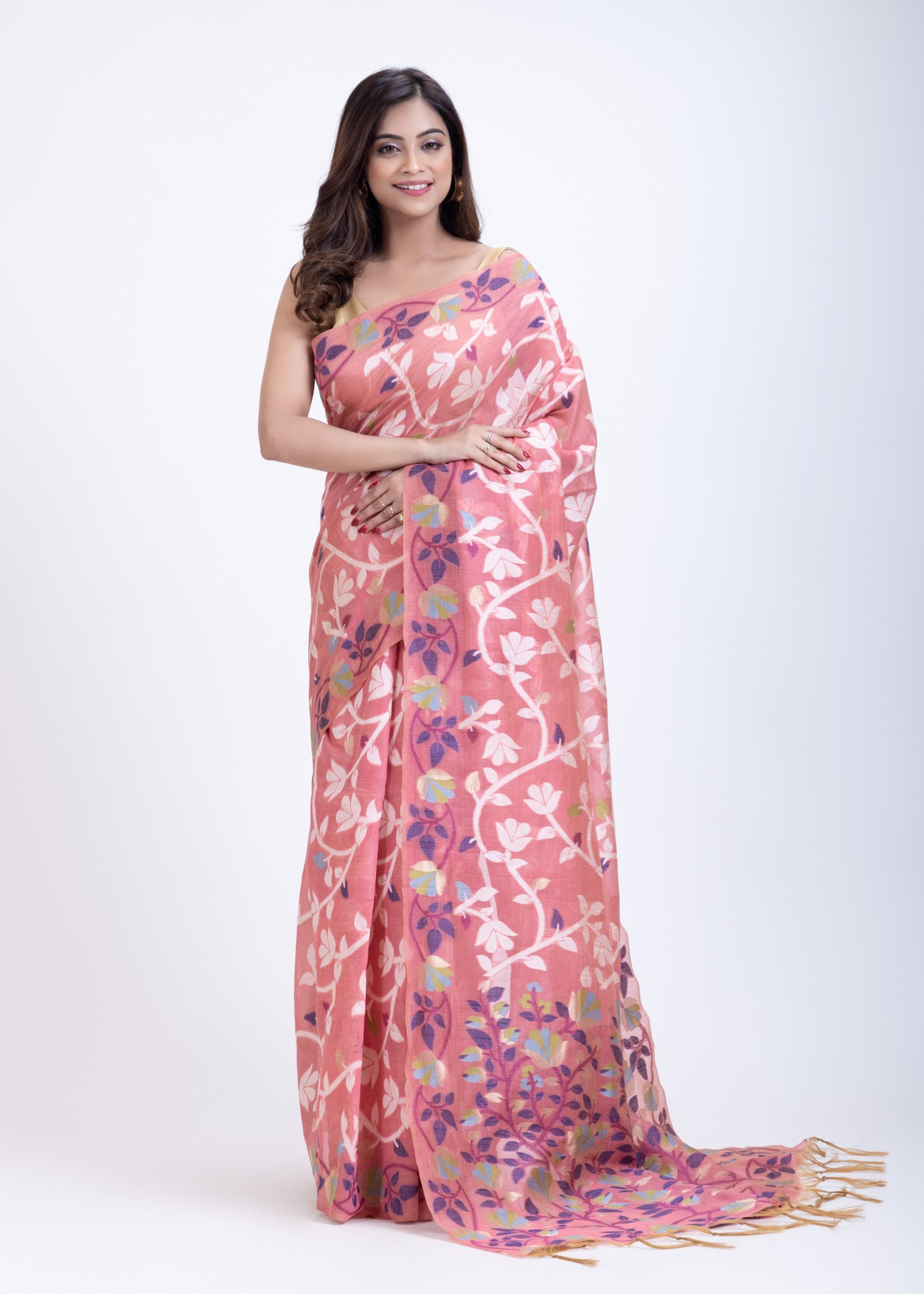 Peach Jamdani Saree With White and Multicolor Floral Motifs Full
