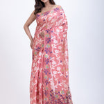 Peach Jamdani Saree With White and Multicolor Floral Motifs Front
