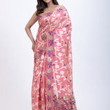 Peach Jamdani Saree With White and Multicolor Floral Motifs Front
