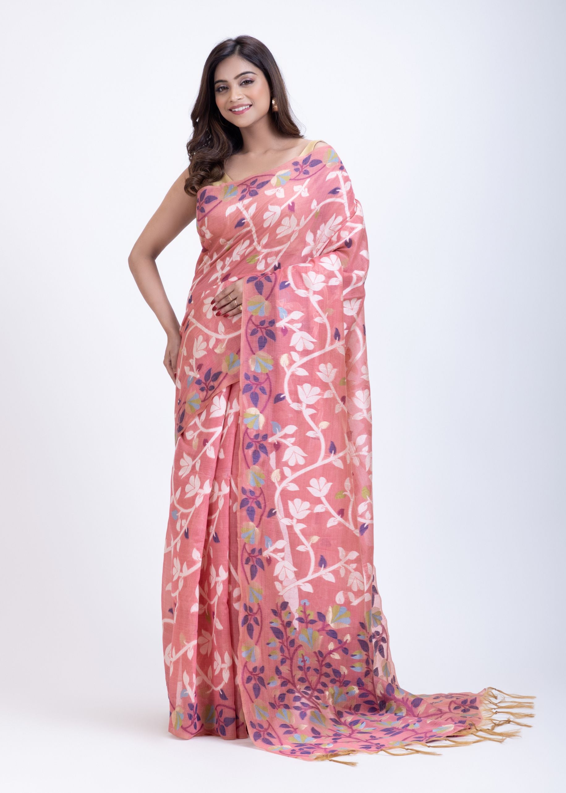 Peach Jamdani Saree With White and Multicolor Floral Motifs Front
