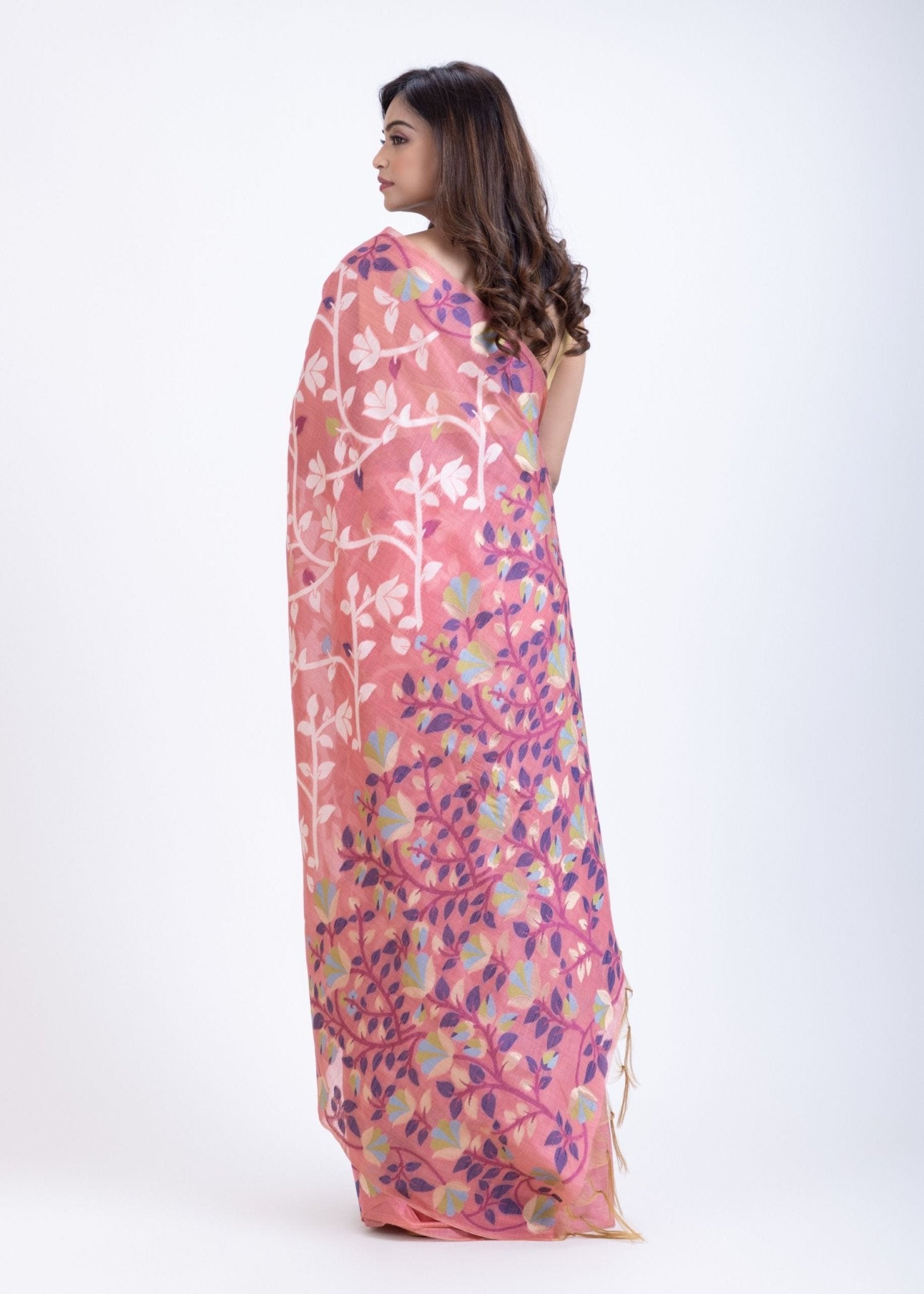 Peach Jamdani Saree With White and Multicolor Floral Motifs - Anvi Couture