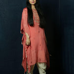 Peach Kaftan Dress with Handwoven Embroidery and Dhoti Pants- Anvi Couture