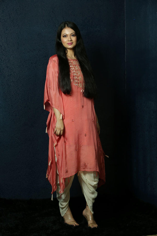 Peach Kaftan Dress with Handwoven Embroidery and Dhoti Pants- Anvi Couture