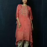 Peach Kaftan Dress with Handwoven Embroidery and Dhoti Pants -Anvi Couture