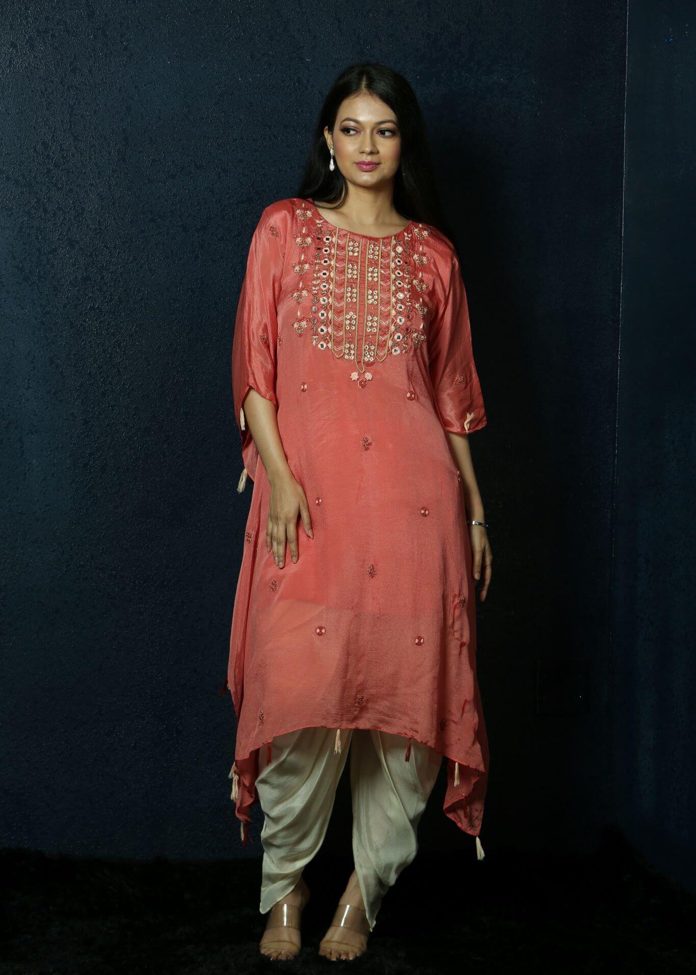 Peach Kaftan Dress with Handwoven Embroidery and Dhoti Pants -Anvi Couture