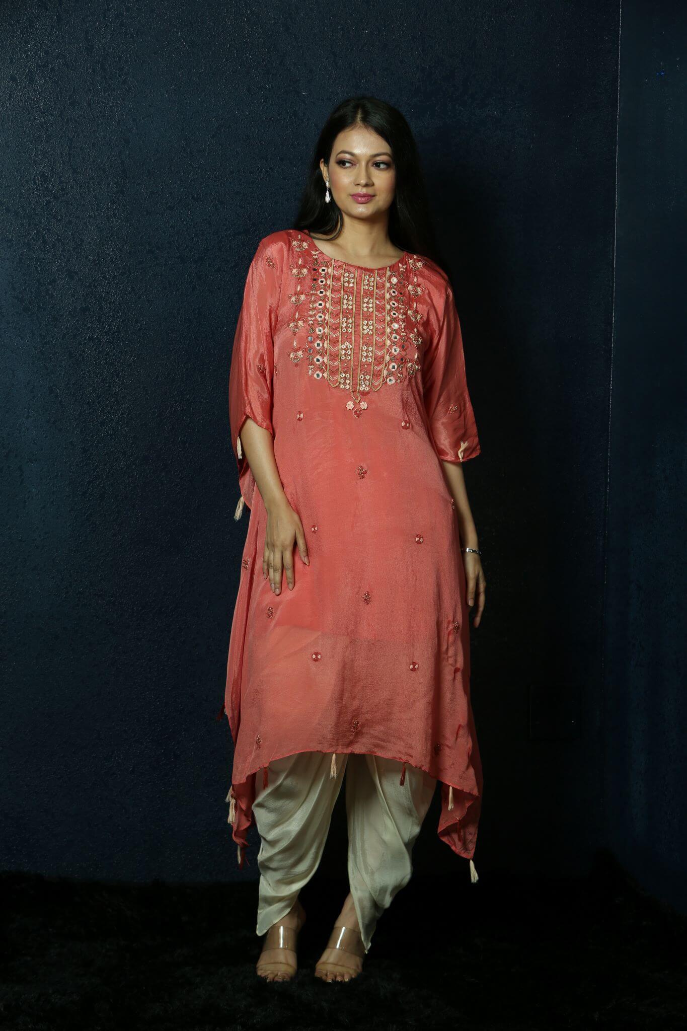 Peach Kaftan Dress with Handwoven Embroidery and Dhoti Pants -Anvi Couture