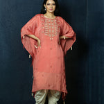 Peach Kaftan Dress with Handwoven Embroidery and Dhoti Pants -Anvi Couture