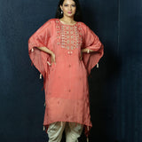 Peach Kaftan Dress with Handwoven Embroidery and Dhoti Pants -Anvi Couture