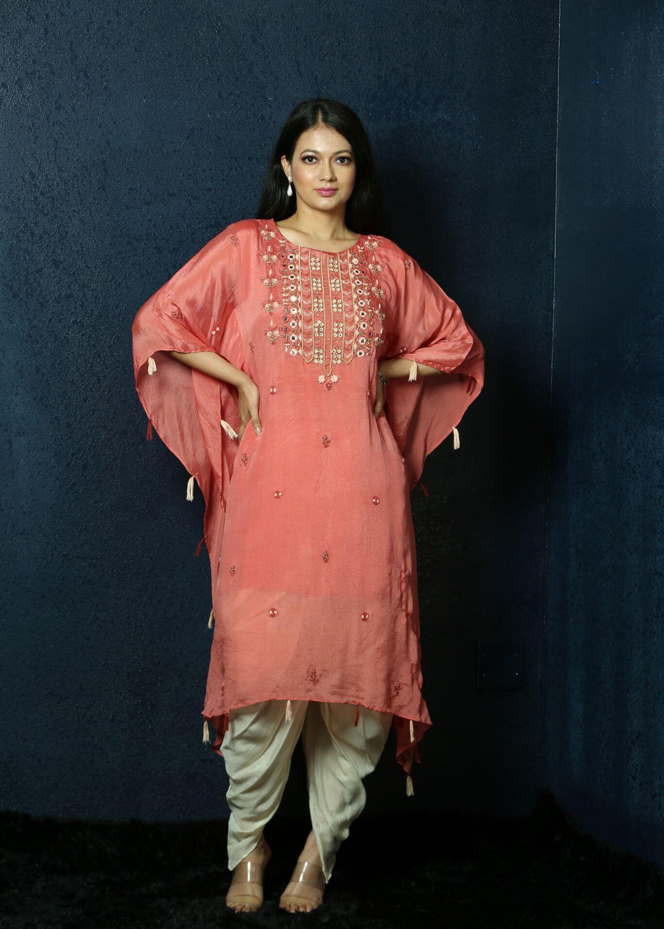 Peach Kaftan Dress with Handwoven Embroidery and Dhoti Pants -Anvi Couture