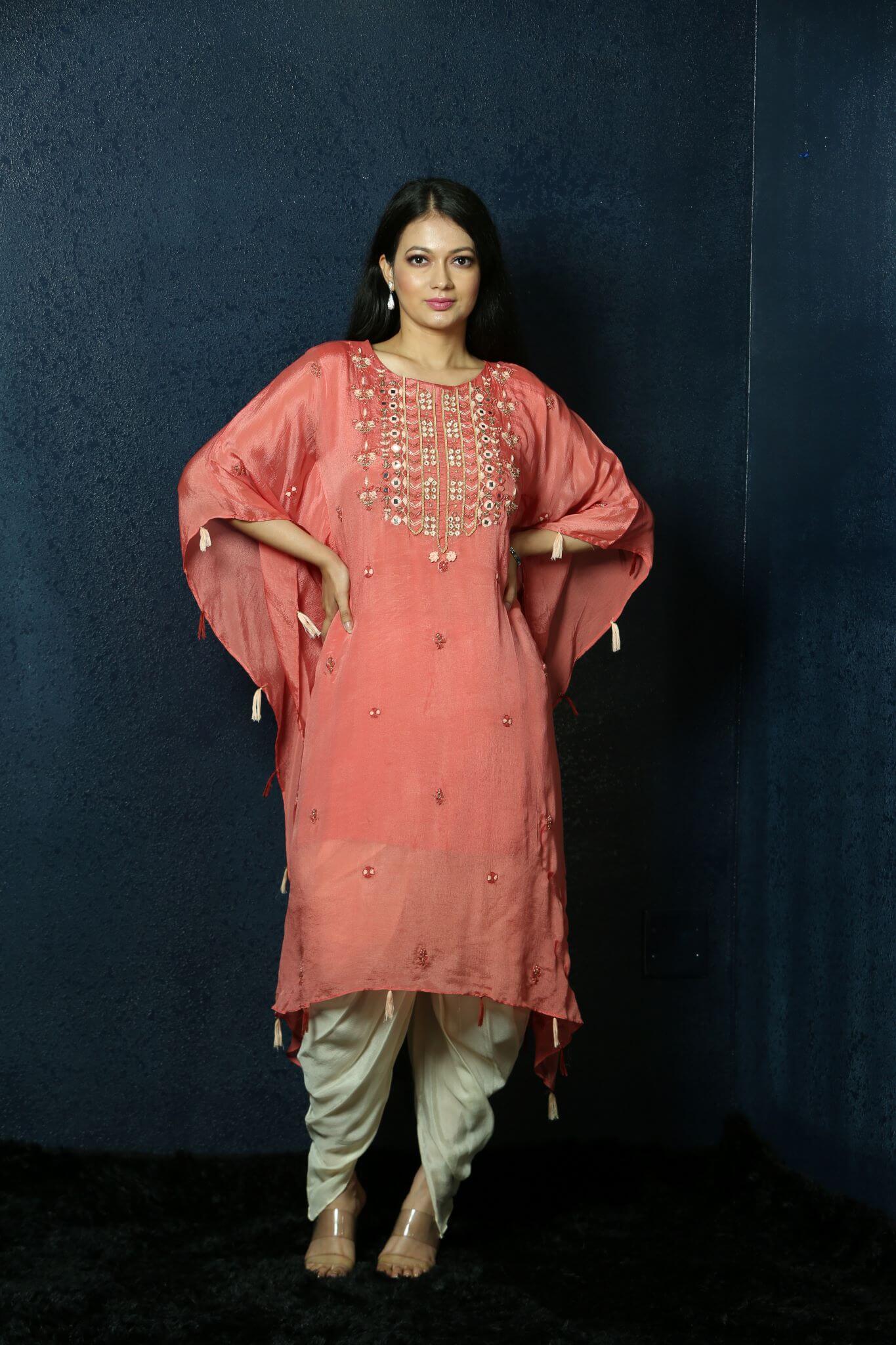 Peach Kaftan Dress with Handwoven Embroidery and Dhoti Pants -Anvi Couture