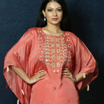 Peach Kaftan Dress with Handwoven Embroidery and Dhoti Pants - Anvi Couture