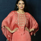 Peach Kaftan Dress with Handwoven Embroidery and Dhoti Pants - Anvi Couture