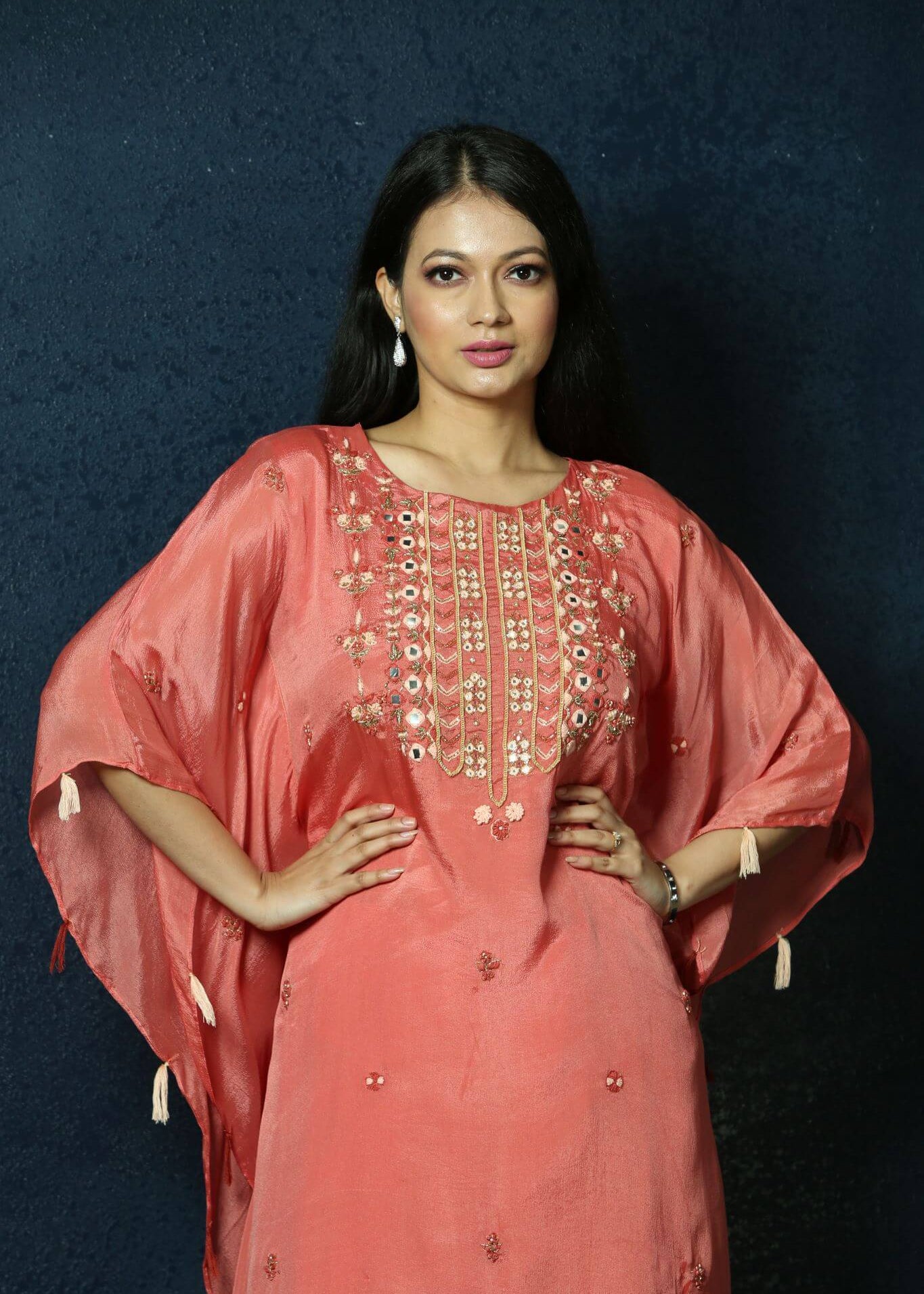 Peach Kaftan Dress with Handwoven Embroidery and Dhoti Pants - Anvi Couture