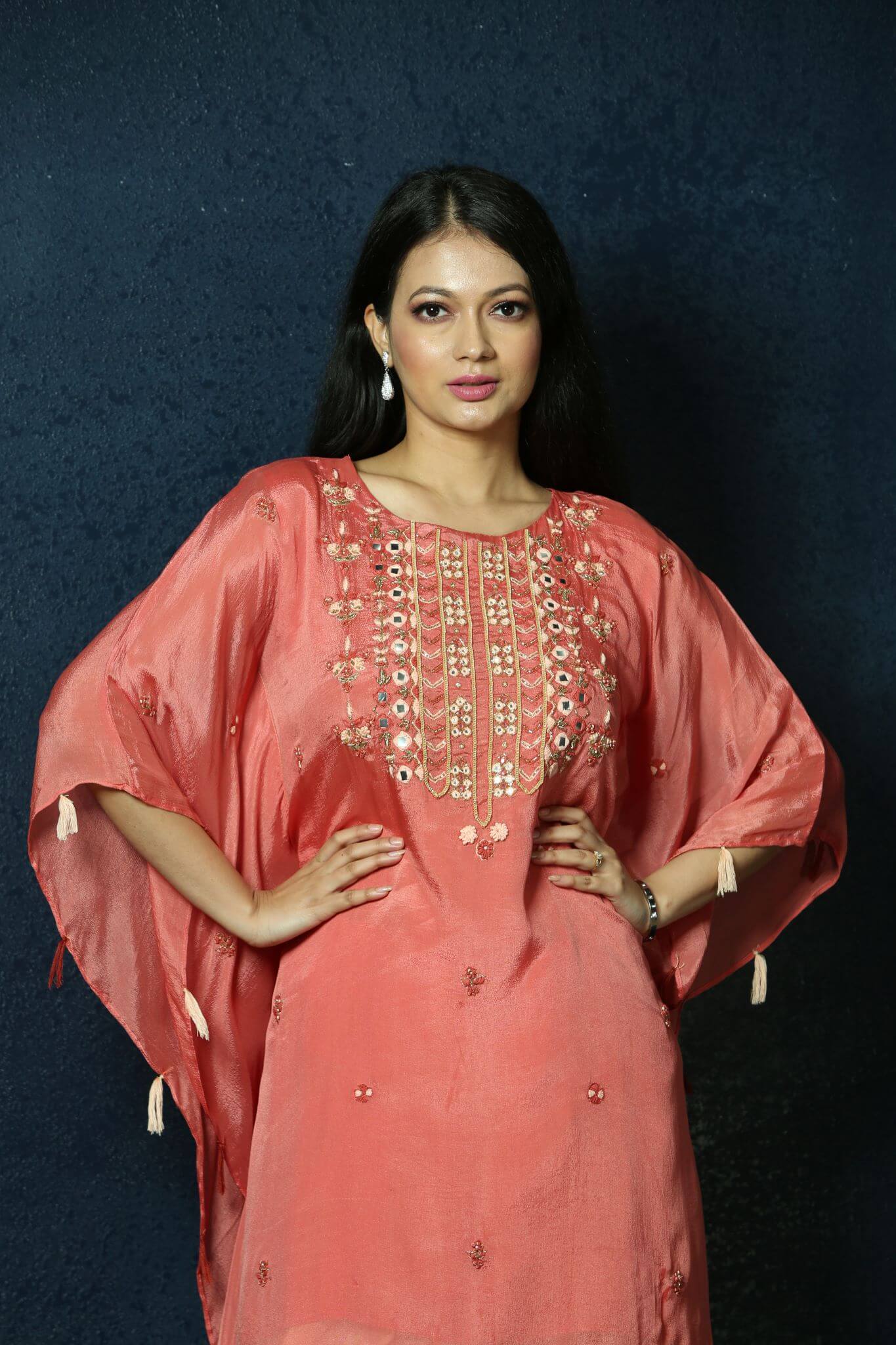 Peach Kaftan Dress with Handwoven Embroidery and Dhoti Pants - Anvi Couture