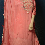Peach Kaftan Dress with Handwoven Embroidery and Dhoti Pants- Anvi Couture