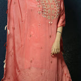 Peach Kaftan Dress with Handwoven Embroidery and Dhoti Pants- Anvi Couture