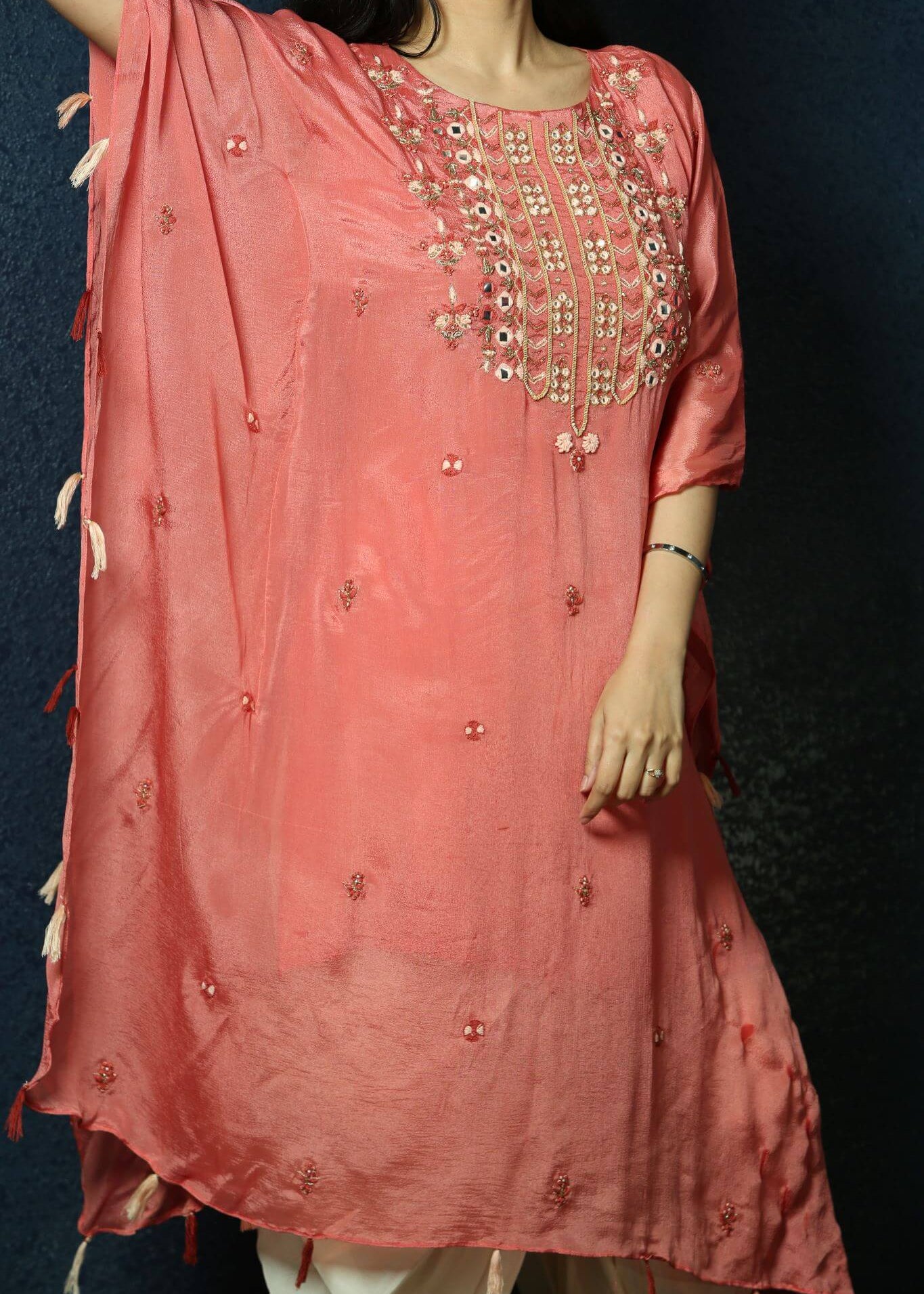 Peach Kaftan Dress with Handwoven Embroidery and Dhoti Pants- Anvi Couture