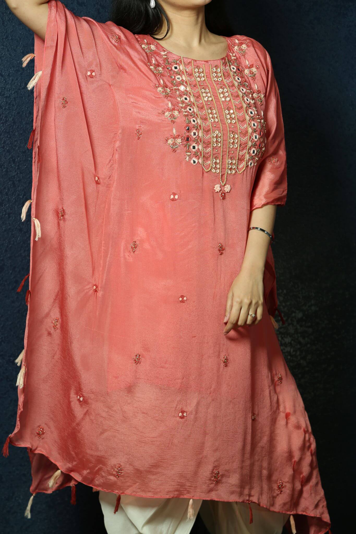 Peach Kaftan Dress with Handwoven Embroidery and Dhoti Pants- Anvi Couture