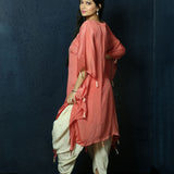 Peach Kaftan Dress with Handwoven Embroidery and Dhoti Pants - Anvi couture