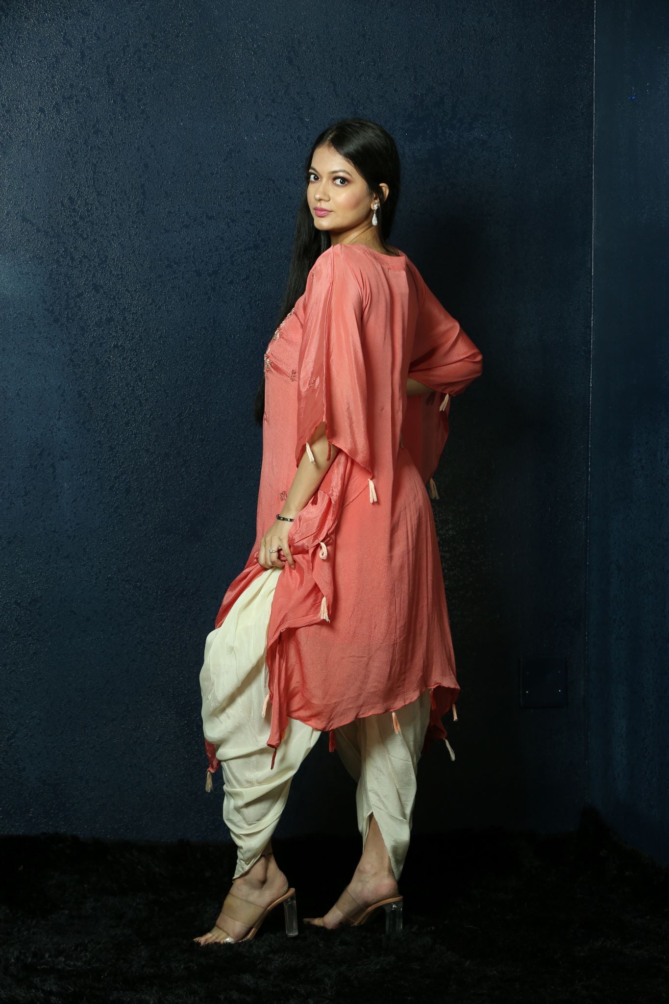 Peach Kaftan Dress with Handwoven Embroidery and Dhoti Pants - Anvi couture