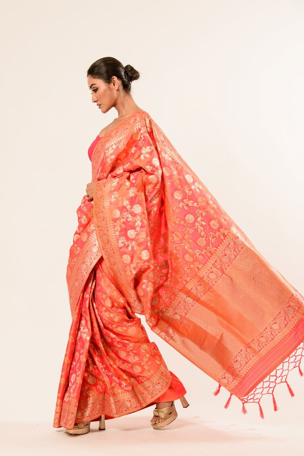Peach Katan Silk Brocade Handwoven Banarasi Saree 