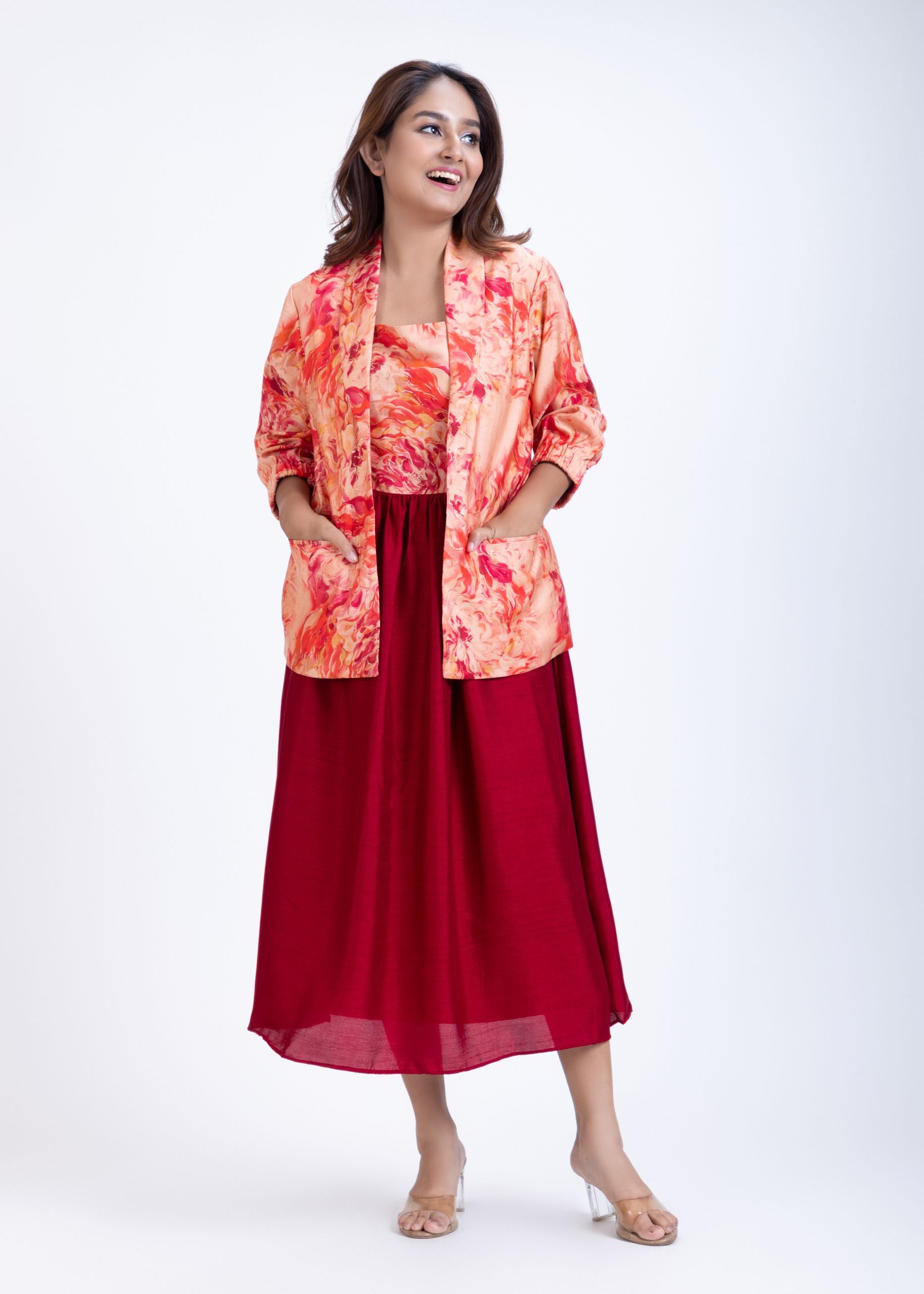 Peach & Maroon Printed Jacket Dress full