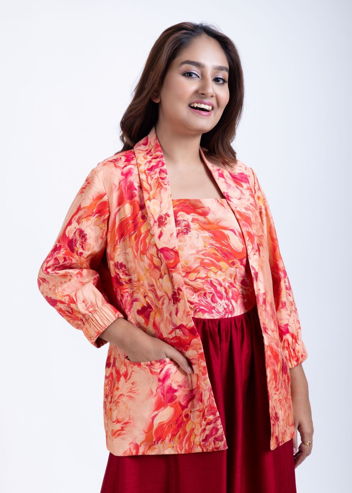 Peach & Maroon Printed Jacket Dress - Anvi Couture