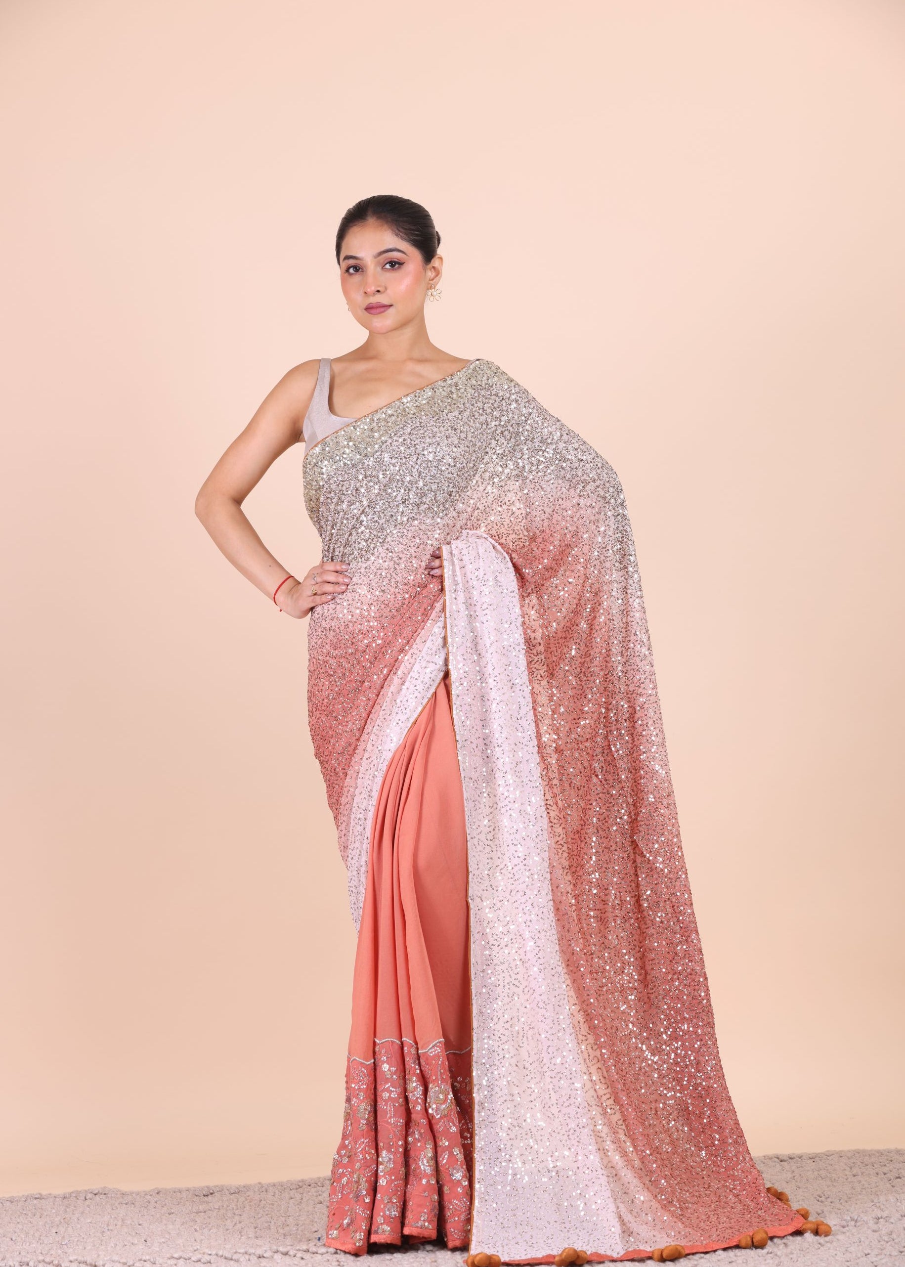 Peach Ombre Sequin Designer Saree Front view