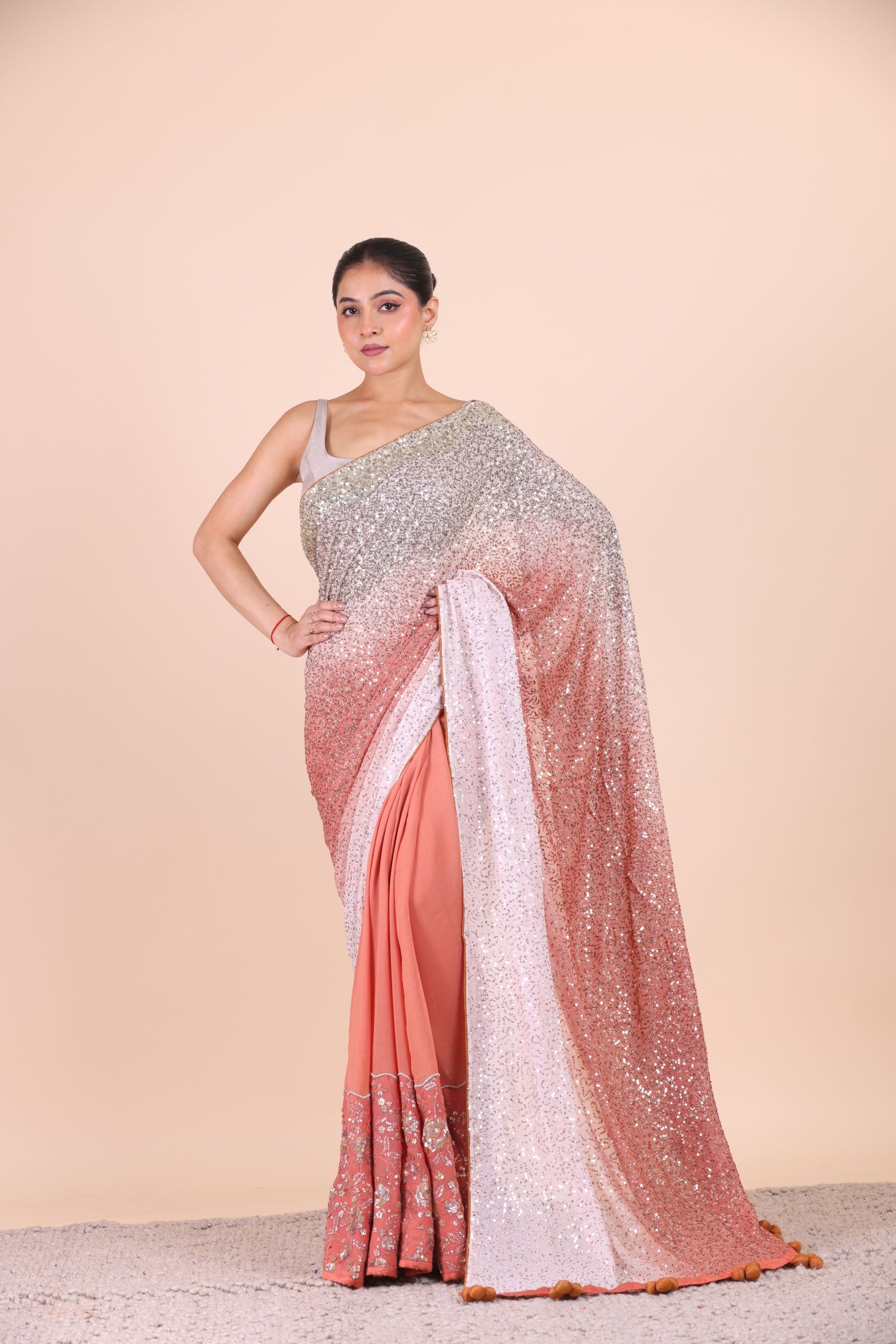 Peach Ombre Sequin Designer Saree Front view