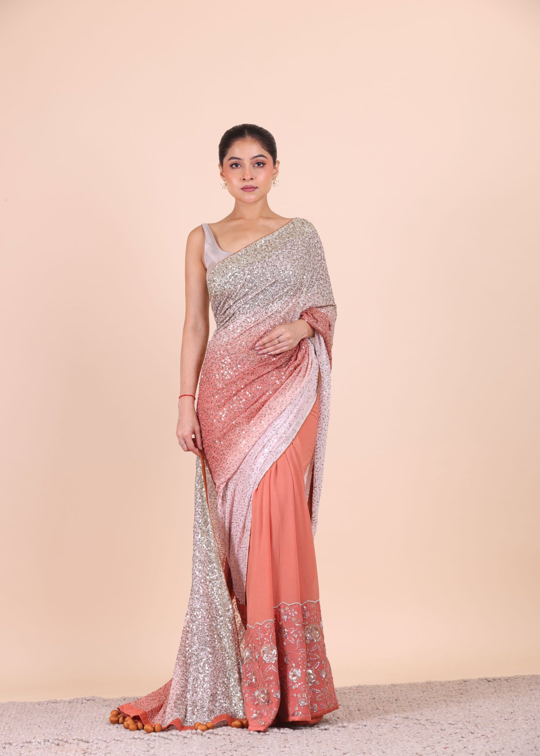 Peach Ombre Sequin Designer Saree Full View