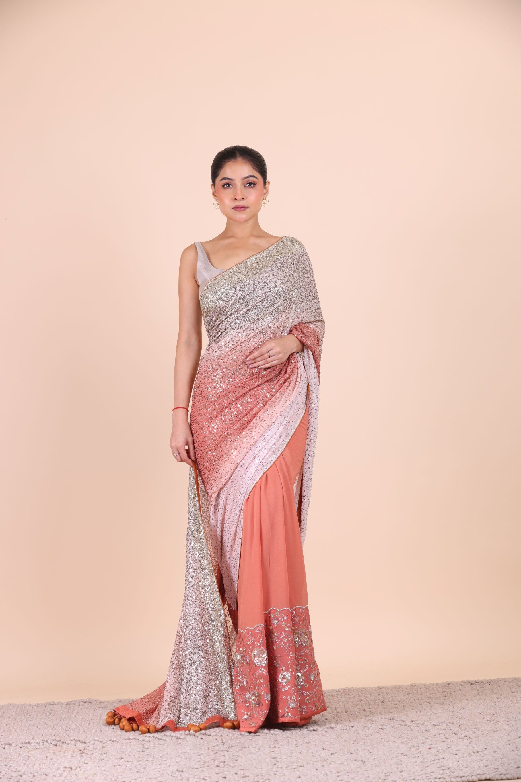Peach Ombre Sequin Designer Saree Full View