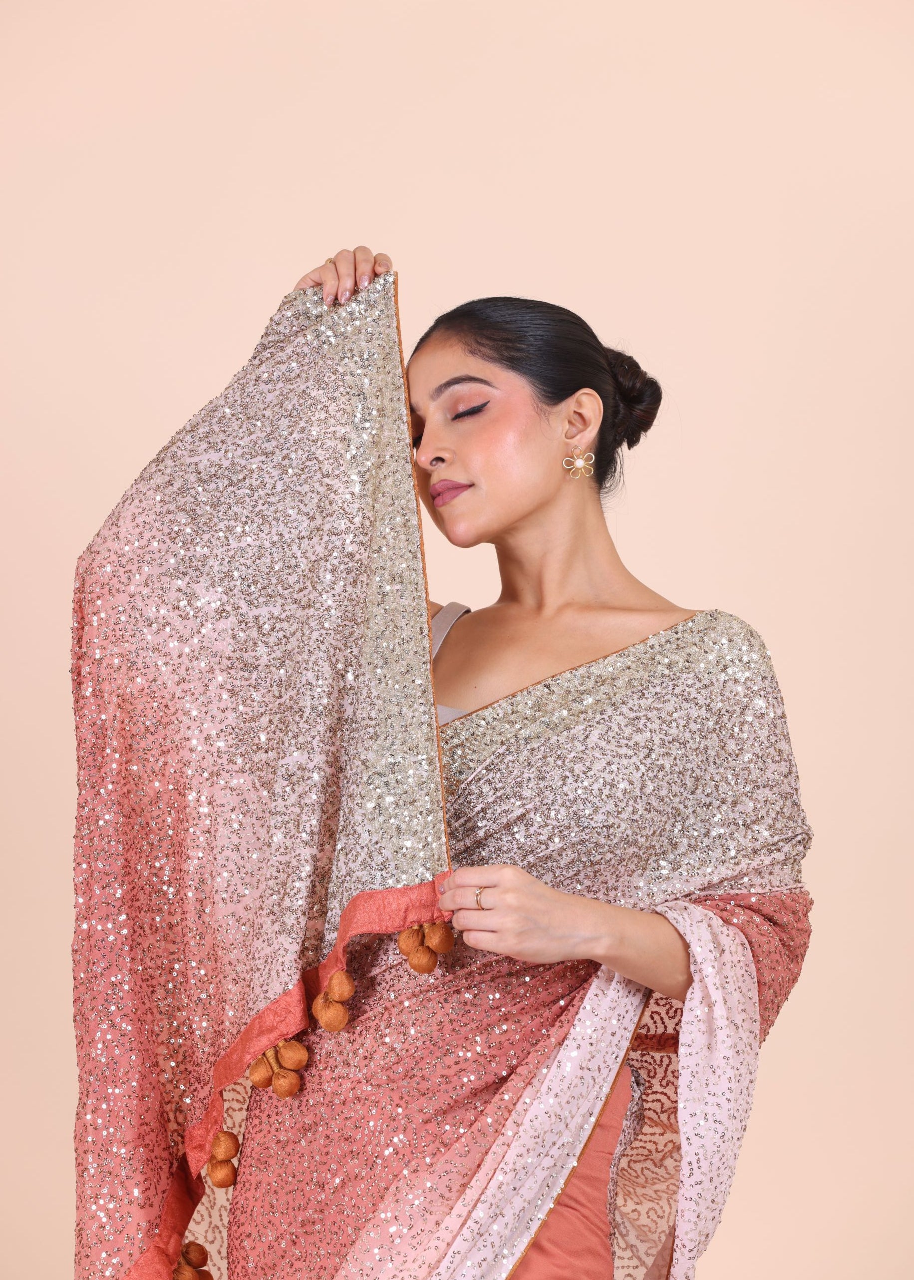 Peach Ombre Sequin Designer Saree Close Up View