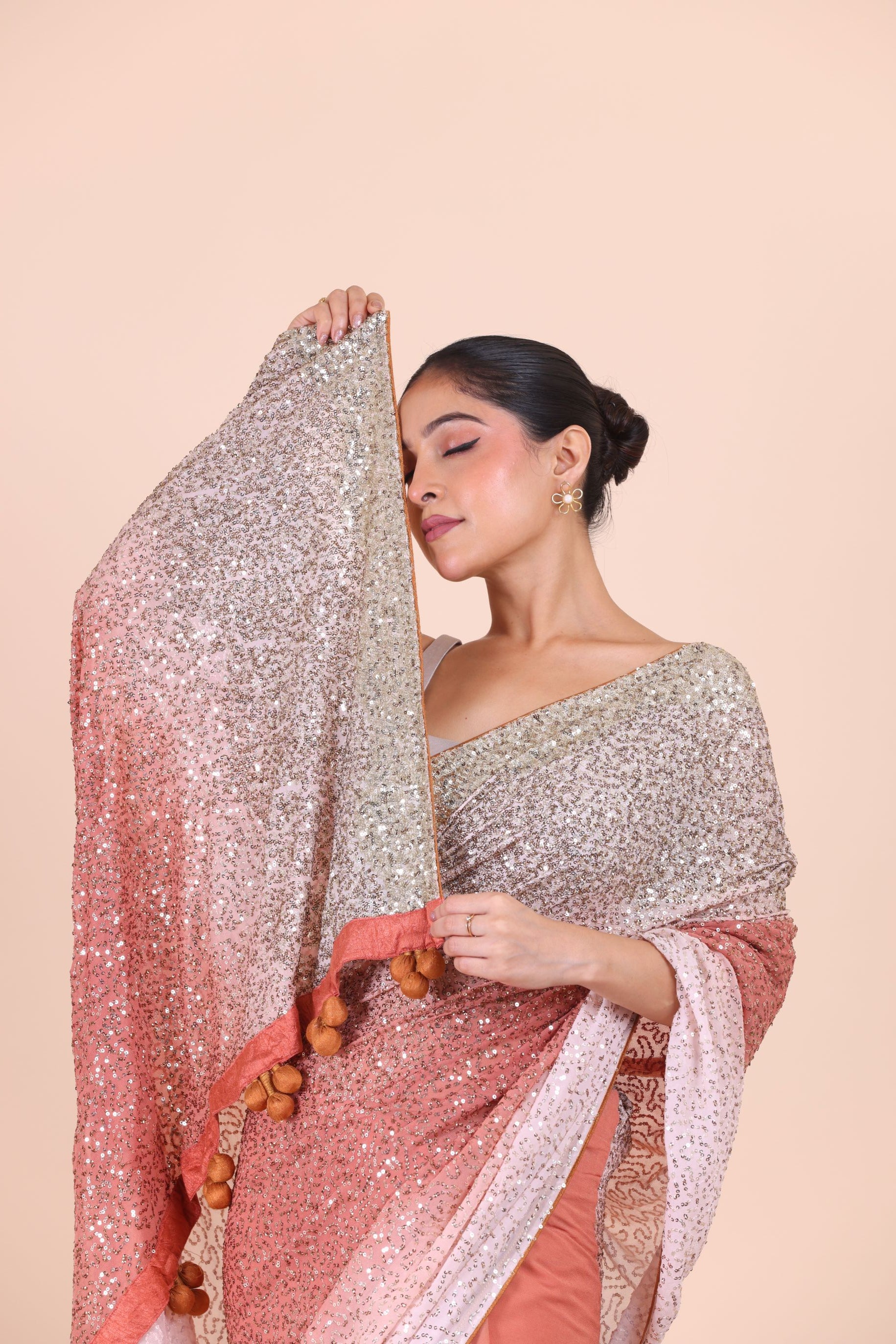 Peach Ombre Sequin Designer Saree Close Up View