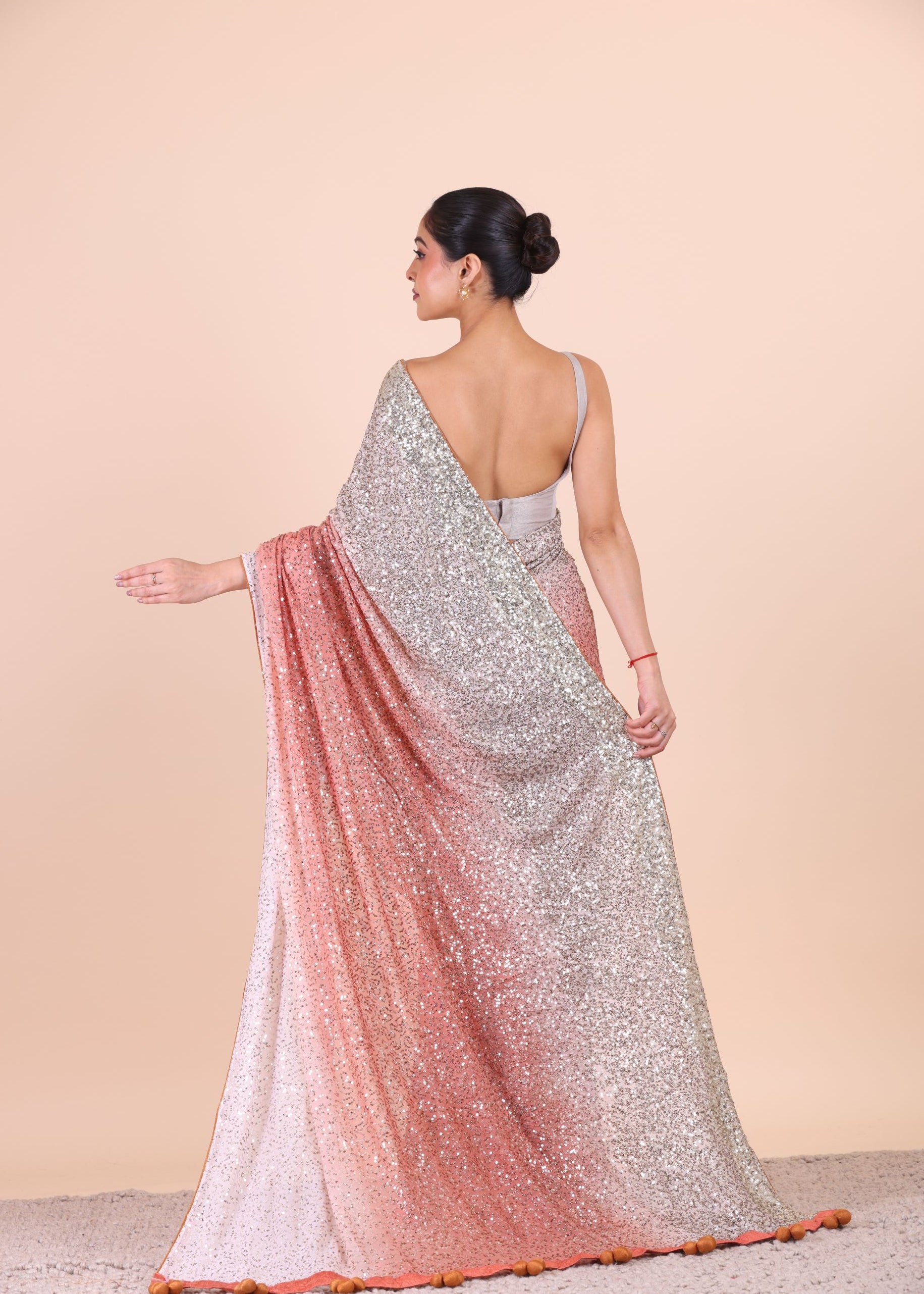 Peach Ombre Sequin Designer Saree Back View