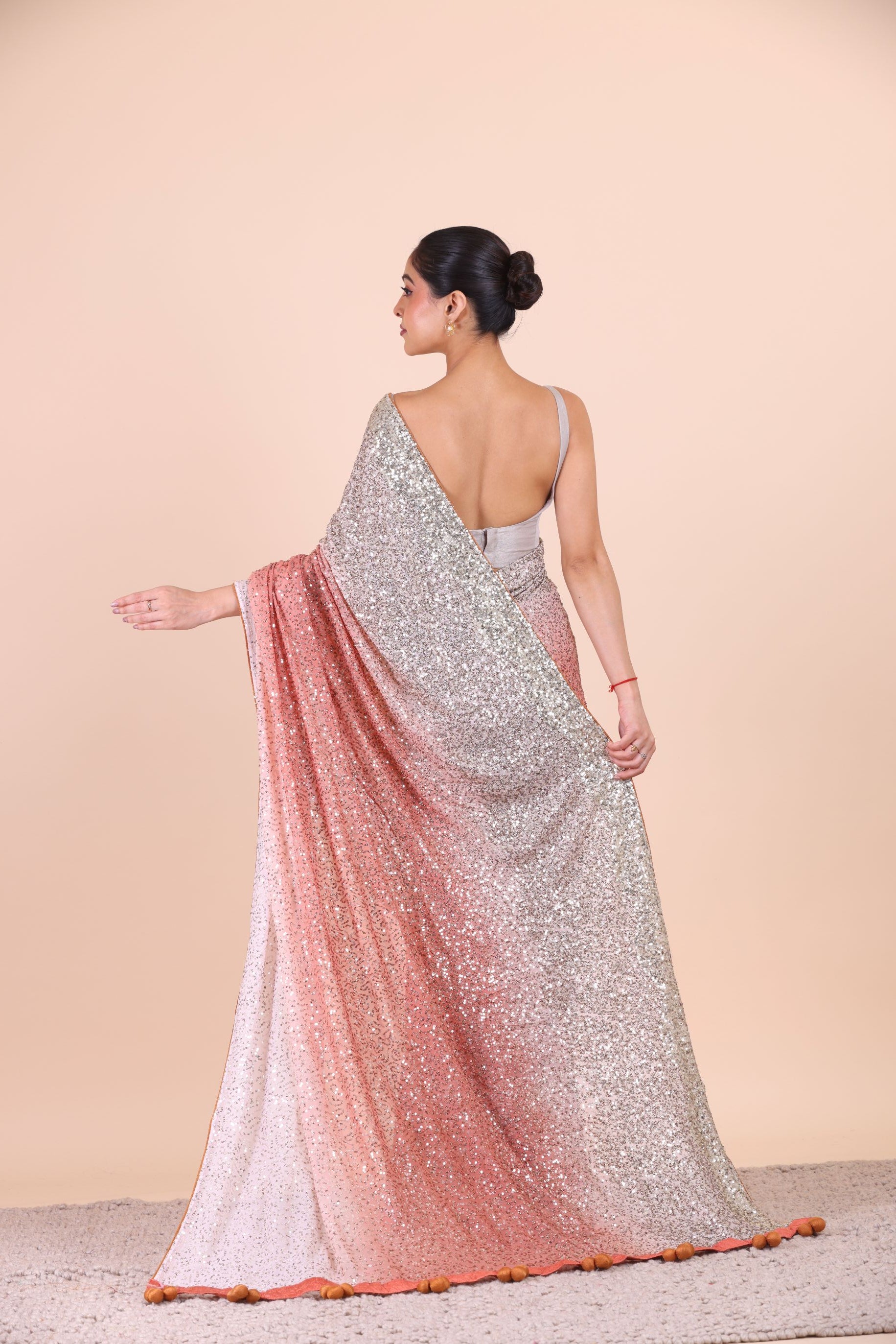 Peach Ombre Sequin Designer Saree Back View