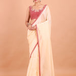 Peach Organza  Designer Saree with Hand Embroidered Border and Blouse full