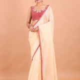 Peach Organza  Designer Saree with Hand Embroidered Border and Blouse full