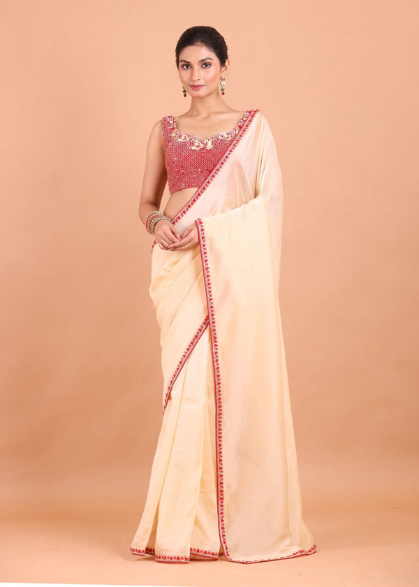 Peach Organza Designer Saree with Hand Embroidered Border and Blouse - Anvi Couture