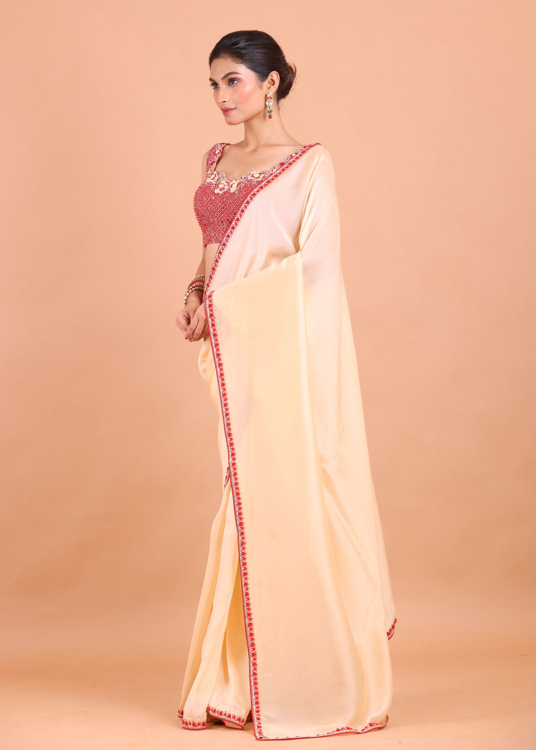 Peach Organza  Designer Saree with Hand Embroidered Border and Blouse front