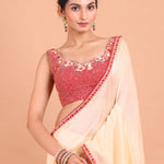 Peach Organza  Designer Saree with Hand Embroidered Border and Blouse close up