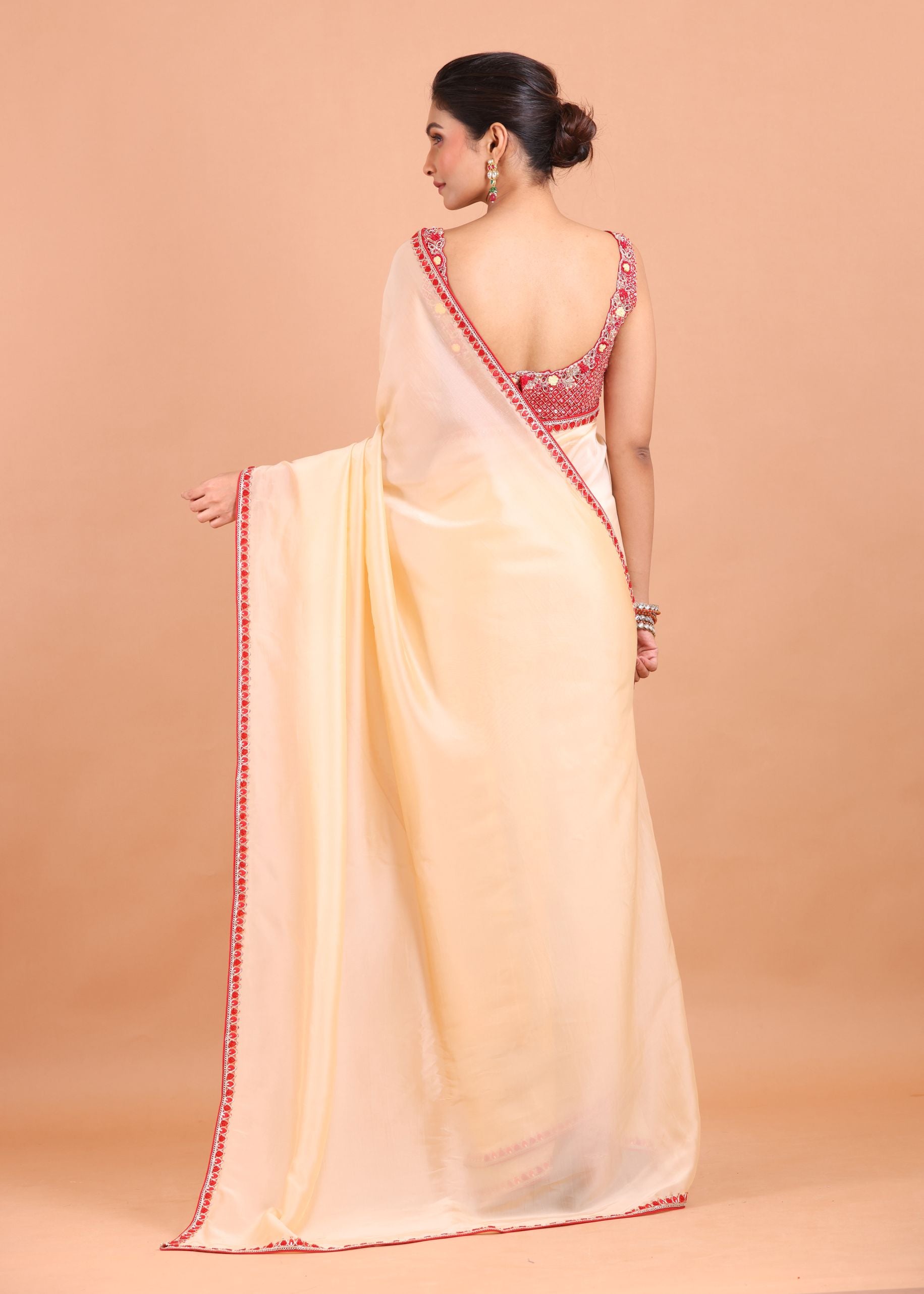 Peach Organza  Designer Saree with Hand Embroidered Border and Blouse back