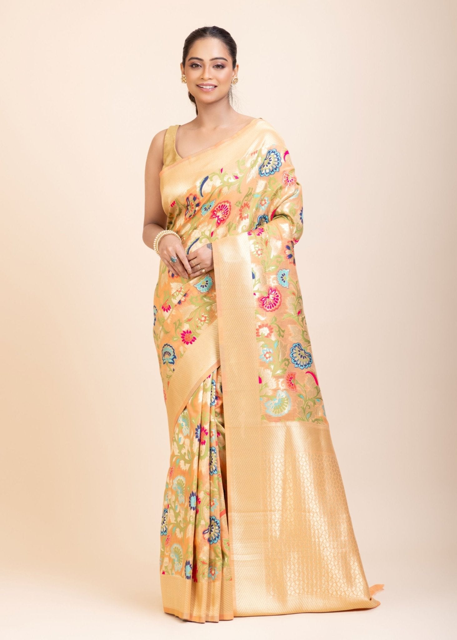 Peach Paithani Silk Saree With Multicolor Floral Weave - Anvi Couture