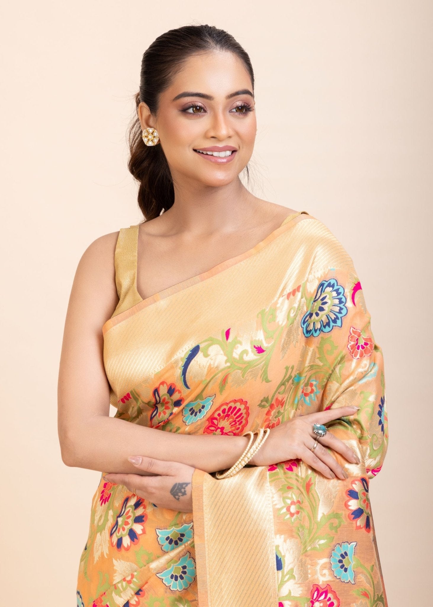 Peach Paithani Silk Saree With Multicolor Floral Weave - Anvi Couture