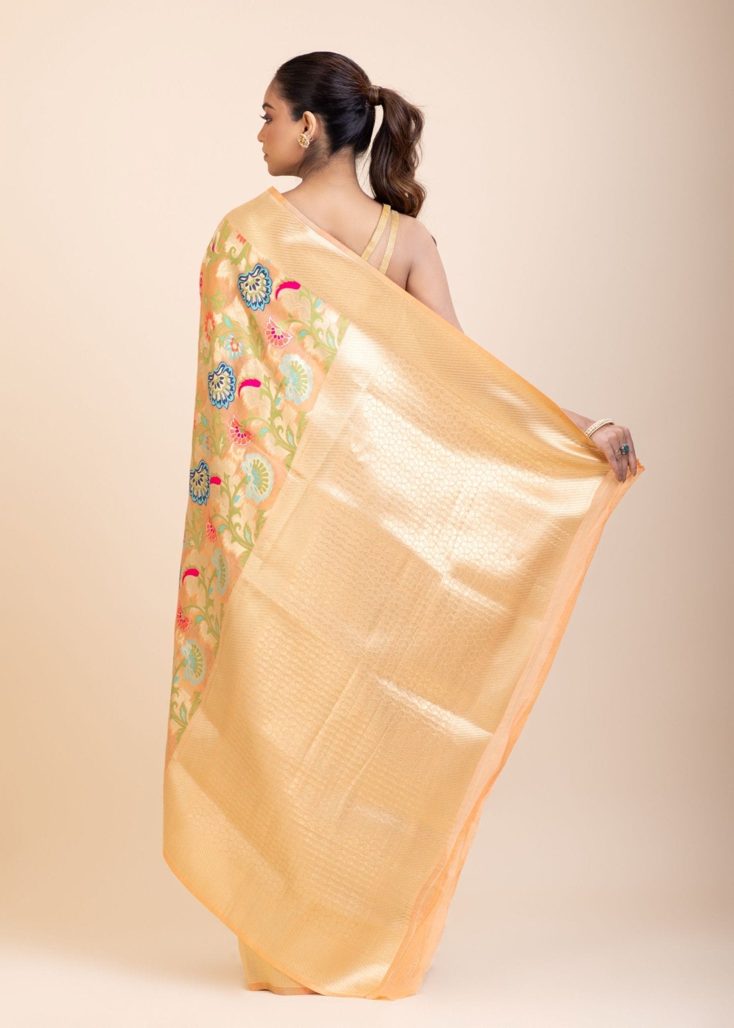Peach Paithani Silk Saree With Multicolor Floral Weave - Anvi Couture