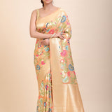 Peach Paithani Silk Saree With Multicolor Floral Weave - Anvi Couture