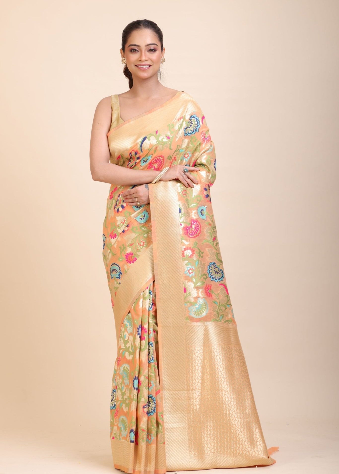 Peach Paithani Silk Saree With Multicolor Floral Weave - Anvi Couture