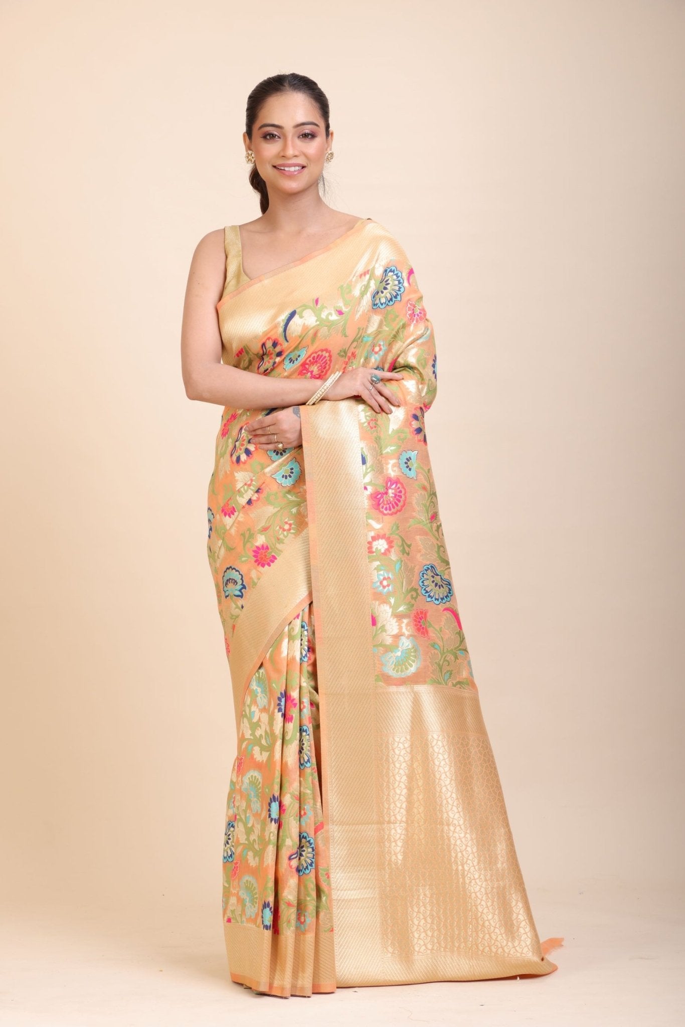 Peach Paithani Silk Saree With Multicolor Floral Weave - Anvi Couture