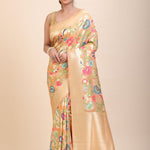 Peach Paithani Silk Saree With Multicolor Floral Weave - Anvi Couture